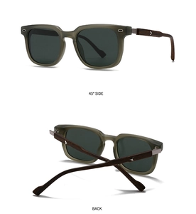Detail view of round polarized sunglasses with translucent grey frames and wood temples