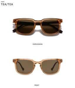 Overlooking and front view of tea-colored round polarized sunglasses with clear resin frames