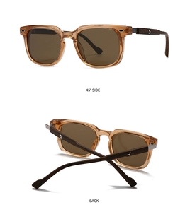 Detailed 45-degree and back views of amber sunglasses with wood temples and metal logo