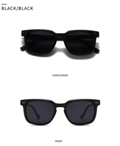 Front and top view of minimalist round black polarized sunglasses with matte finish frames
