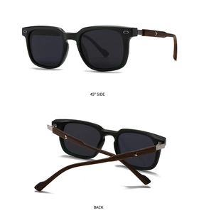 Detail view of polarised round sunglasses with wooden temples and silver V-logo decoration