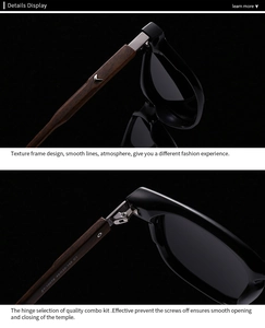 Detail of premium silver metal hinges and dark brown wood grain temples on black sunglasses