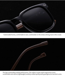 Detail of ergonomic wood grain temples and silver hardware on square polarized sunglasses