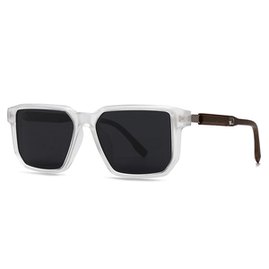 Classic round polarized sunglasses with translucent white frames and wood texture temples
