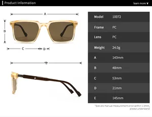 Detailed size chart for retro polarized sunglasses featuring PC frame and lens dimensions