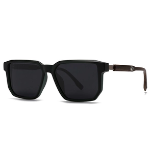 Classic polarized round sunglasses with black frames and wooden textured temples for men