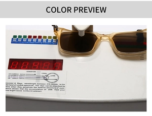 Functional view of amber rectangle sunglasses undergoing UV400 protection testing