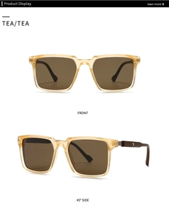 Front and 45-degree views of square tea frame sunglasses with dark brown lenses