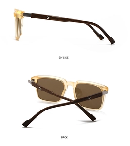 Polarized sunglasses with transparent amber frame and brown wood grain temples 90-degree view