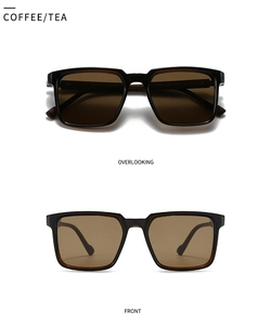 Front and top view of retro square polarized sunglasses with wooden texture temples