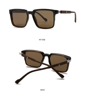 Detailed 45-degree side view of square polarized sunglasses with dark wood grain temples