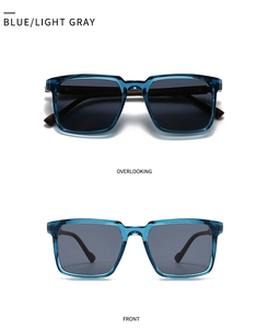 Macro detail of translucent blue frame sunglasses with polarized dark gray lenses
