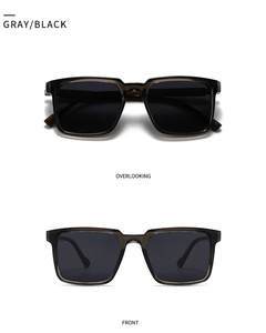 Front and top view of modern square polarized sunglasses in gray translucent frames