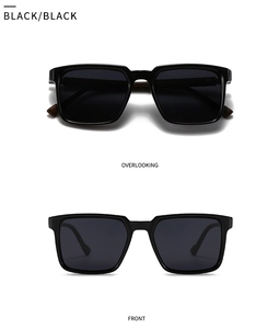 Macro view of black square polarized sunglasses with matte finish from front and overlook angles