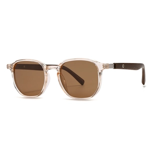 Retro polarized sunglasses with champagne frame and brown wood-grain arms for men and women