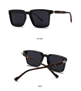 Detailed view of square polarized sunglasses with walnut wood grain temples and 45-degree angle