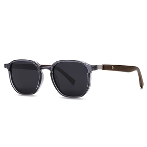 Unisex retro polarized sunglasses with translucent grey frame and dark wood grain temples