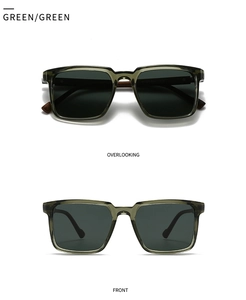 Detailed views of vintage square sunglasses featuring green frames and wood grain temples