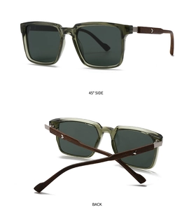 Detailed side and back views of square sunglasses with wooden temples and metal arrows