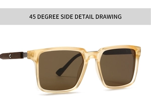 Macro view of retro tortoise sunglasses frame with wood grain temple and metal logo