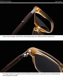 Macro detail of amber frames and wood grain temples with high-quality metal hinges