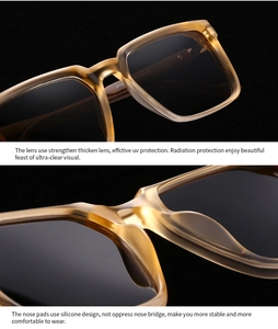 Close-up of ergonomic silicone nose pads and thick lenses on amber sunglasses