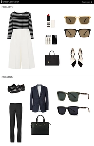 Flat lay of men and women fashion outfits with stylish polarized square sunglasses