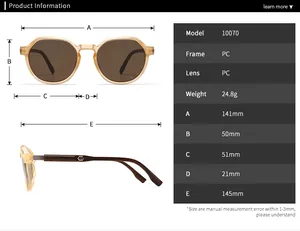 Detailed size chart for retro polarized sunglasses including frame dimensions and weights
