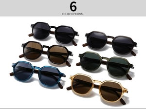 Detailed display of six color options for retro polygonal sunglasses with wooden temples