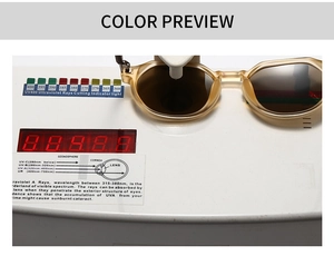 Champagne gold polarized sunglasses tested for UV400 protection on precision equipment
