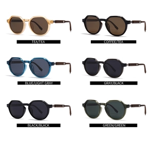 Collection of retro polarized sunglasses in various colors with wood grain textured temples