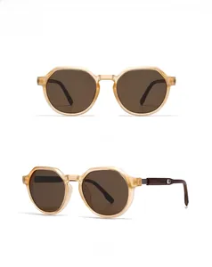 Front and side view of retro polarized sunglasses with tea amber frames and wood grain temples