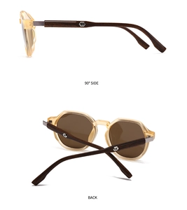 Side and back view of geometric translucent sunglasses with natural wooden arms
