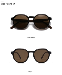 Front and top view of coffee-tinted polygon sunglasses with a retro wood texture temple
