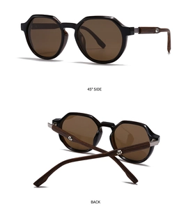 Detail of wooden temples with silver metal logo on retro polarized round sunglasses