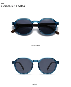 Front and top view of blue translucent hexagonal polarized sunglasses with gray lenses