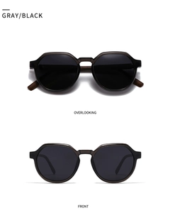 Dual-view display of gray transparent geometric sunglasses with dark polarized lenses