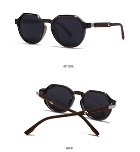 Detail view of polarized sunglasses featuring dark wooden temples and metal logo elements