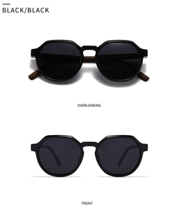 Front and top view of retro black polarized sunglasses with brown wood grain temples
