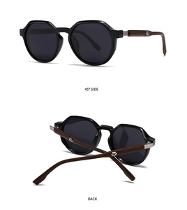 Detail of dark wood grain temples and silver logo on square polarized sunglasses