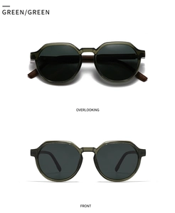 Detail of green translucent sunglasses with brown wood grain temples, front and top views