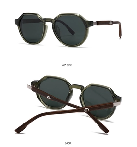 Detail view of green translucent frames and brown wood grain temples on retro sunglasses