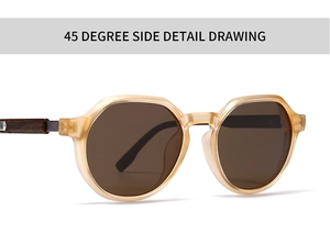 Close-up of retro sunglasses with amber resin frames and brown wood grain temples