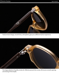 Detailed view of dark wood texture temples with reinforced metal hinges on sunglasses