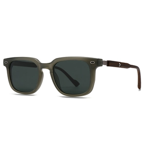 Matte olive green square sunglasses with natural wood temples and arrow metal detail