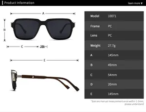 Detaillierte Größentabelle für runde Sonnenbrillen Modell 10071 mit Rahmenabmessungen