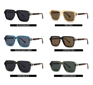 Detailansicht der quadratischen Sonnenbrille mit Bügeln in Holzoptik und Metallscharnier