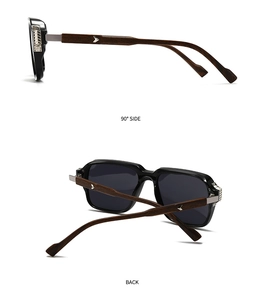 Detailansicht der polarisierten Sonnenbrille mit Holzbügeln und metallischem V-Logo