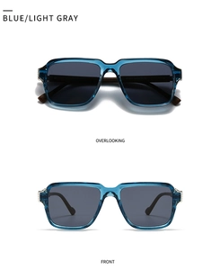 Detailansichten der blauen Sonnenbrille mit Front- und Draufsicht sowie Modellcodes