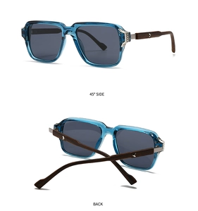 Detailansicht der blauen Harz-Sonnenbrille mit braunen Bügeln in Holzmaserung